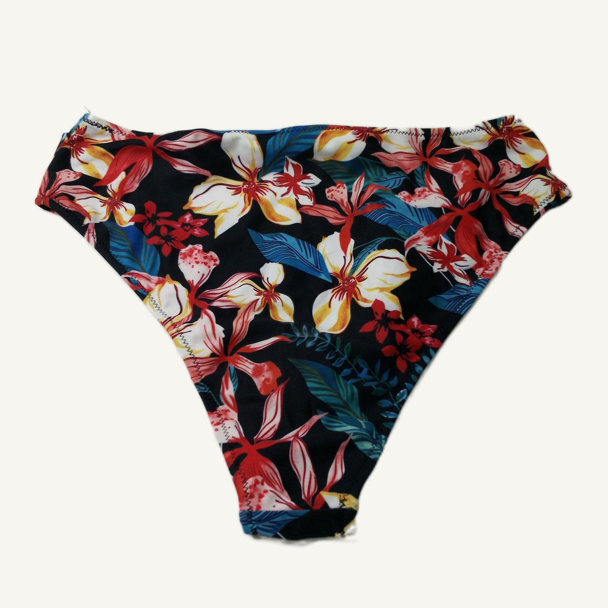 Women's High-Waisted Red Floral Tropical Bikini Swim Bottoms Size L Black