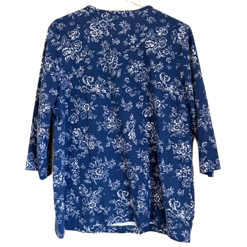 Blair Navy Blue & White Floral 3/4 Sleeve Knit Top Blouse Women's L