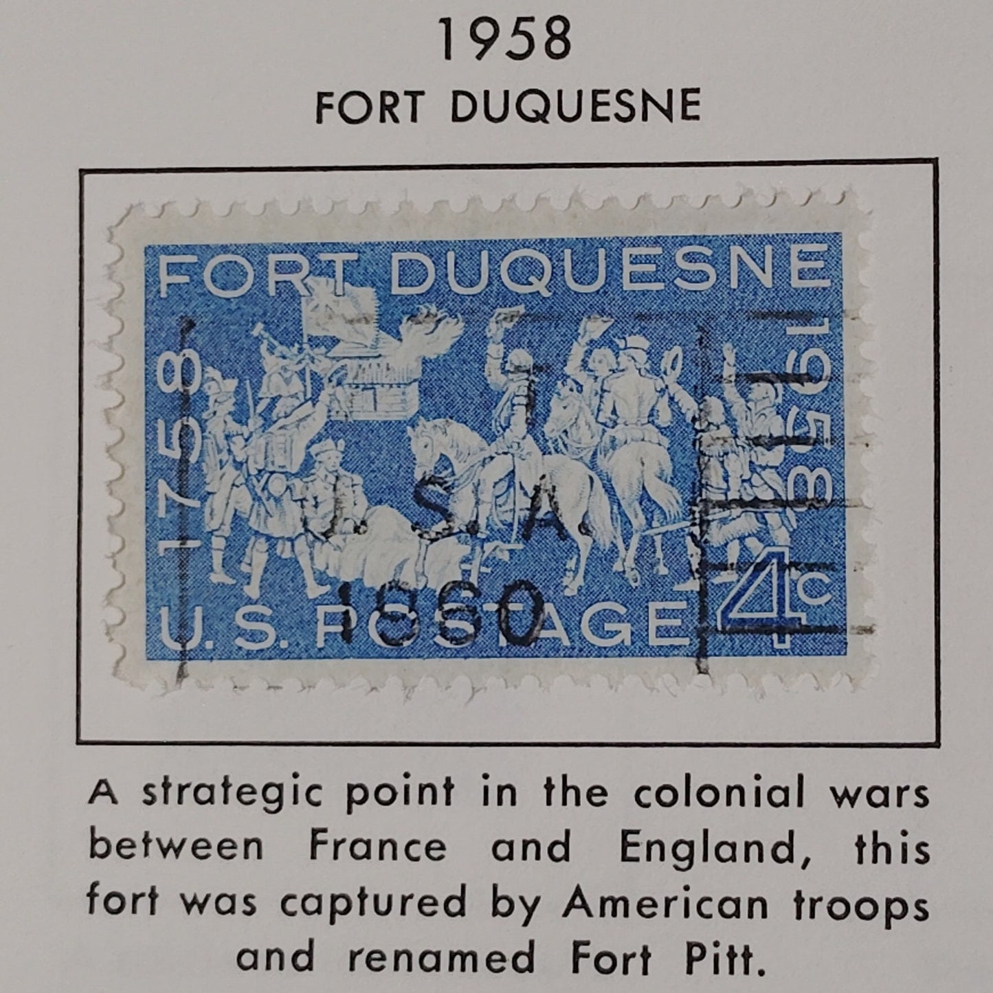 1958 Scott #1123 – 4¢ Fort Duquesne Bicentennial – Canceled