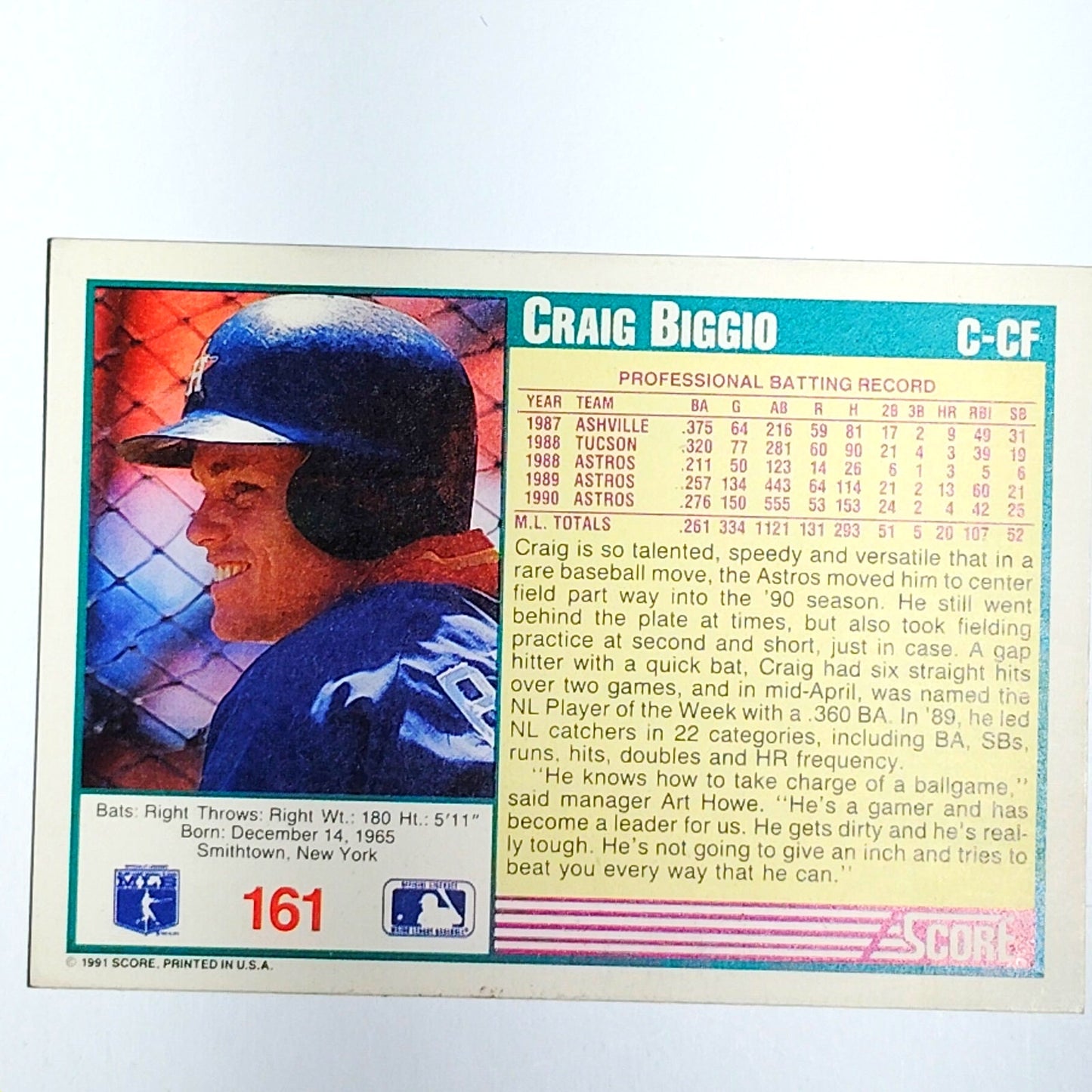 1991 Score Craig Biggio Card #161 Houston Astros C/OF VG/EX