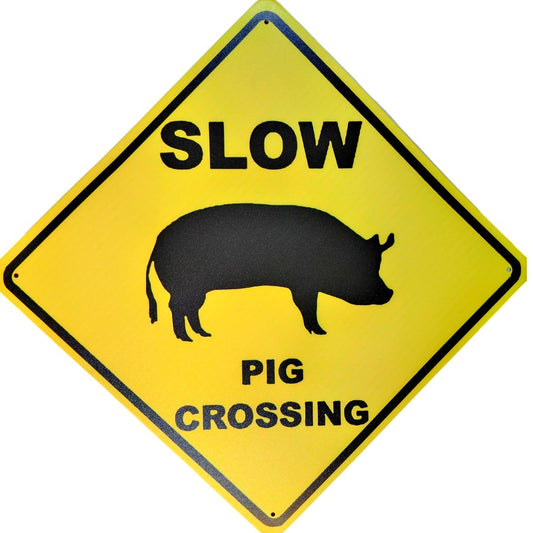 16.375" Tin Sign – “Slow - Pig Crossing” Yellow Diamond – Farm Animal Humor