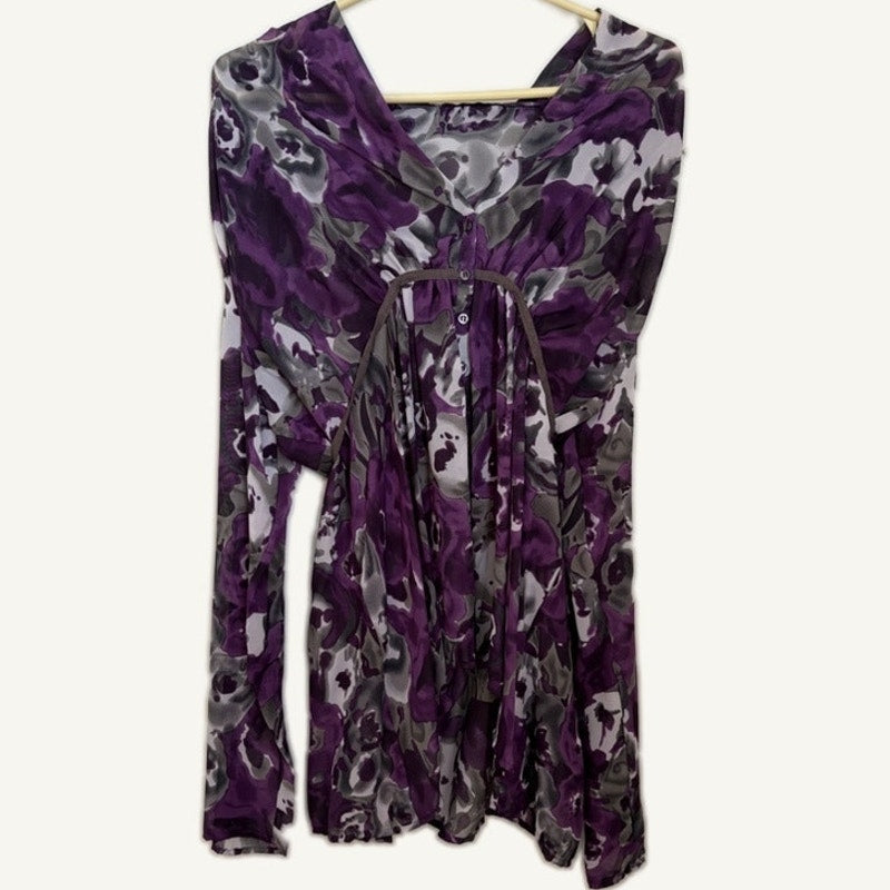 XL Purple Gray Black Floral V-Neck Long Sleeve Blouse - Empire Waist Top