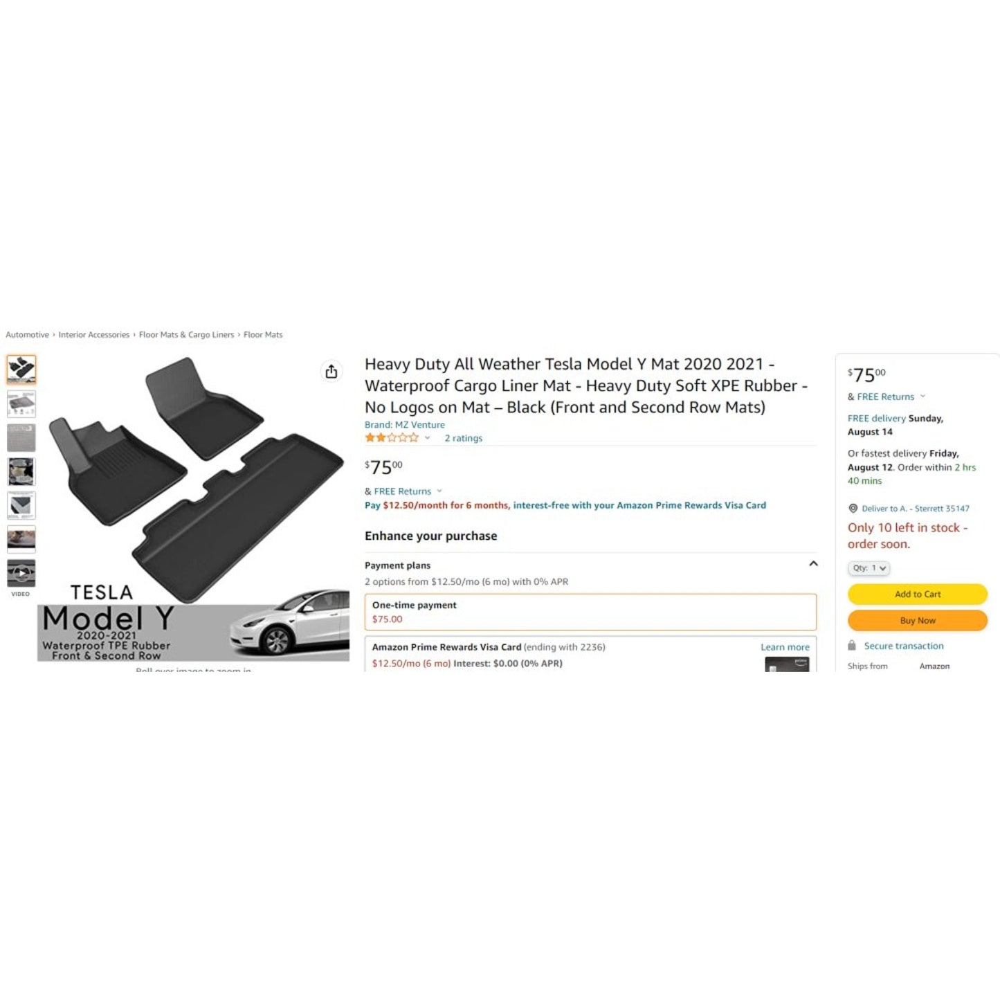 HD Tesla Model Y Mats 2020 2024 - XPE Rubber -Black (Front and Second Row Mats)