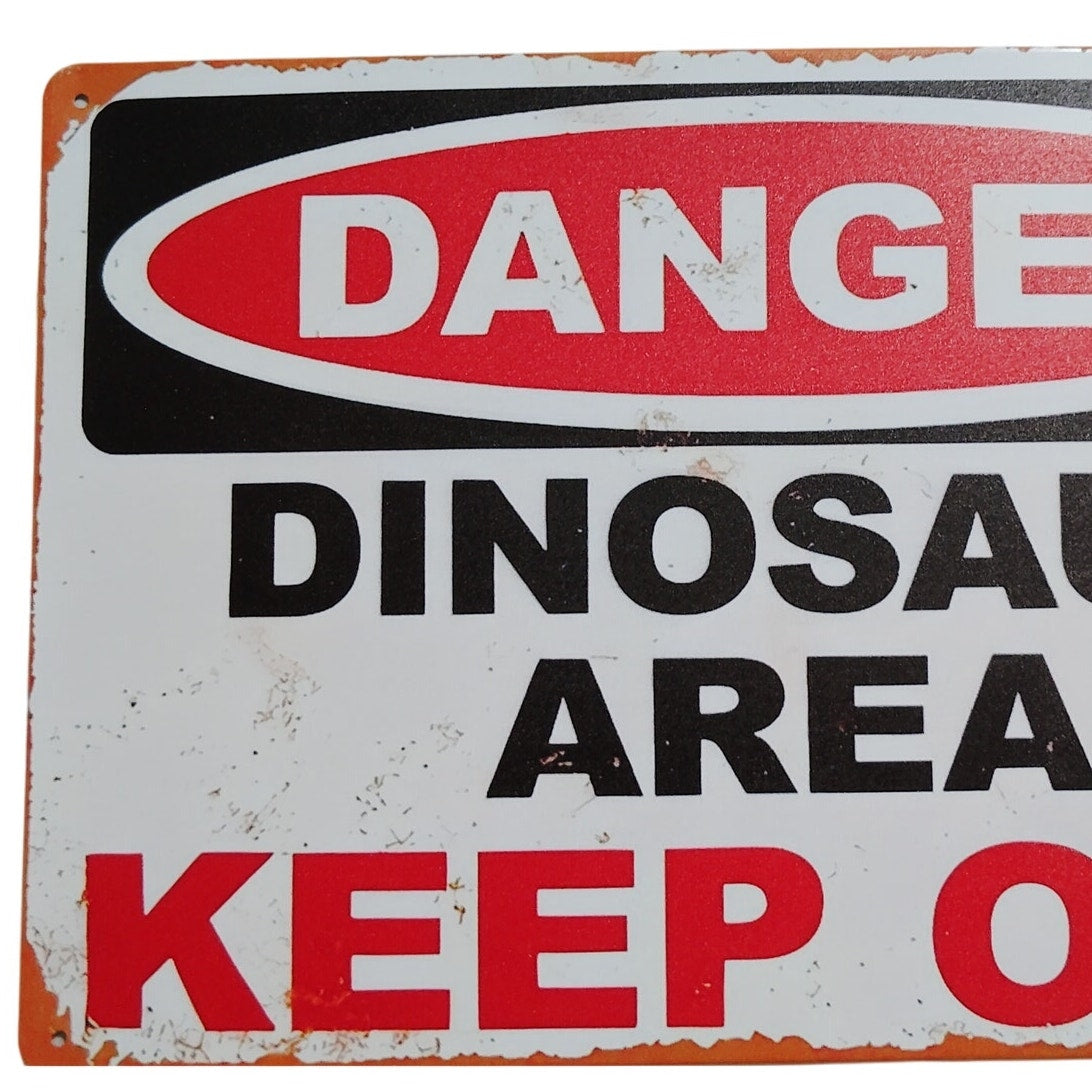 Danger Dinosaur Area Retro Tin Sign – 12x8 Metal Wall Plaque – Prehistoric Novelty Warning Sign