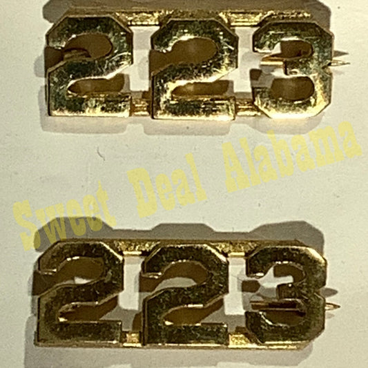 Early/Mid 1900s Brass C-Clasp "223" Collar Devices 3/8"H Hat / Lapel Pins Set