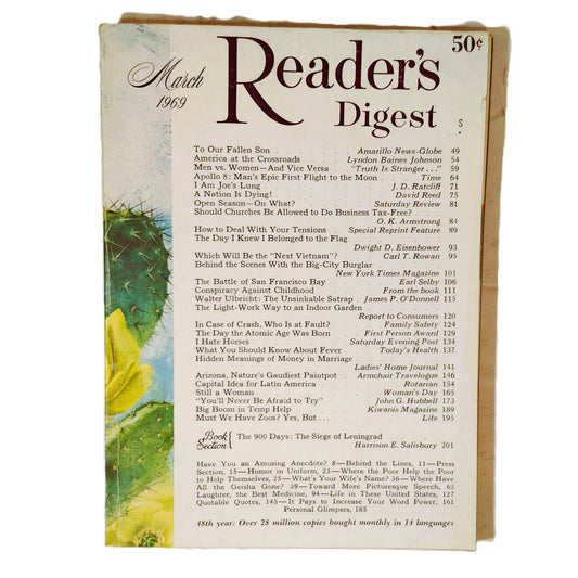 Reader's Digest March 1969 Vintage Magazine Apollo 8 Eisenhower Cactus Cover
