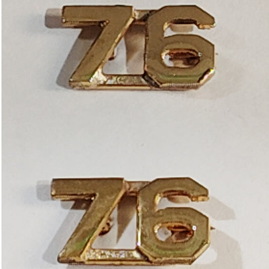 Early/Mid 1900s Brass C-Clasp "76" Collar Devices 3/8"H Hat / Lapel Pins Set