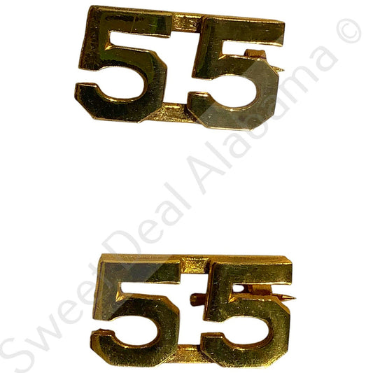 c.1910s Numeric "55", Brass Military C-Clasp Hat / Lapel / Collar Pins Set 3/8"H