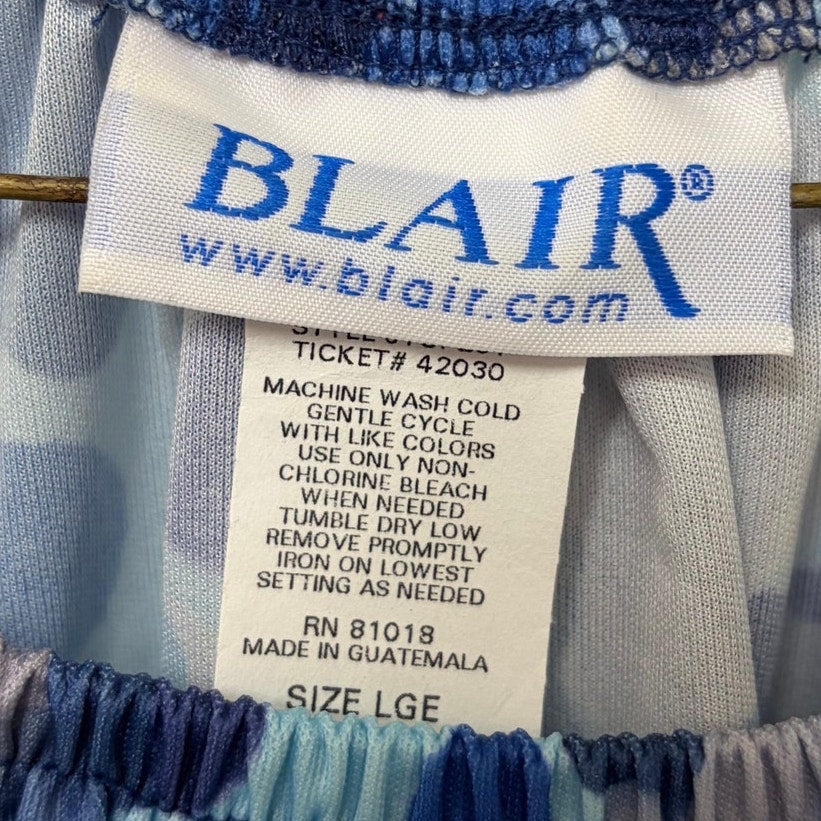 Blair Blue Floral Neck Blouse, Large, 100% Polyester, Elastic Collar Trim