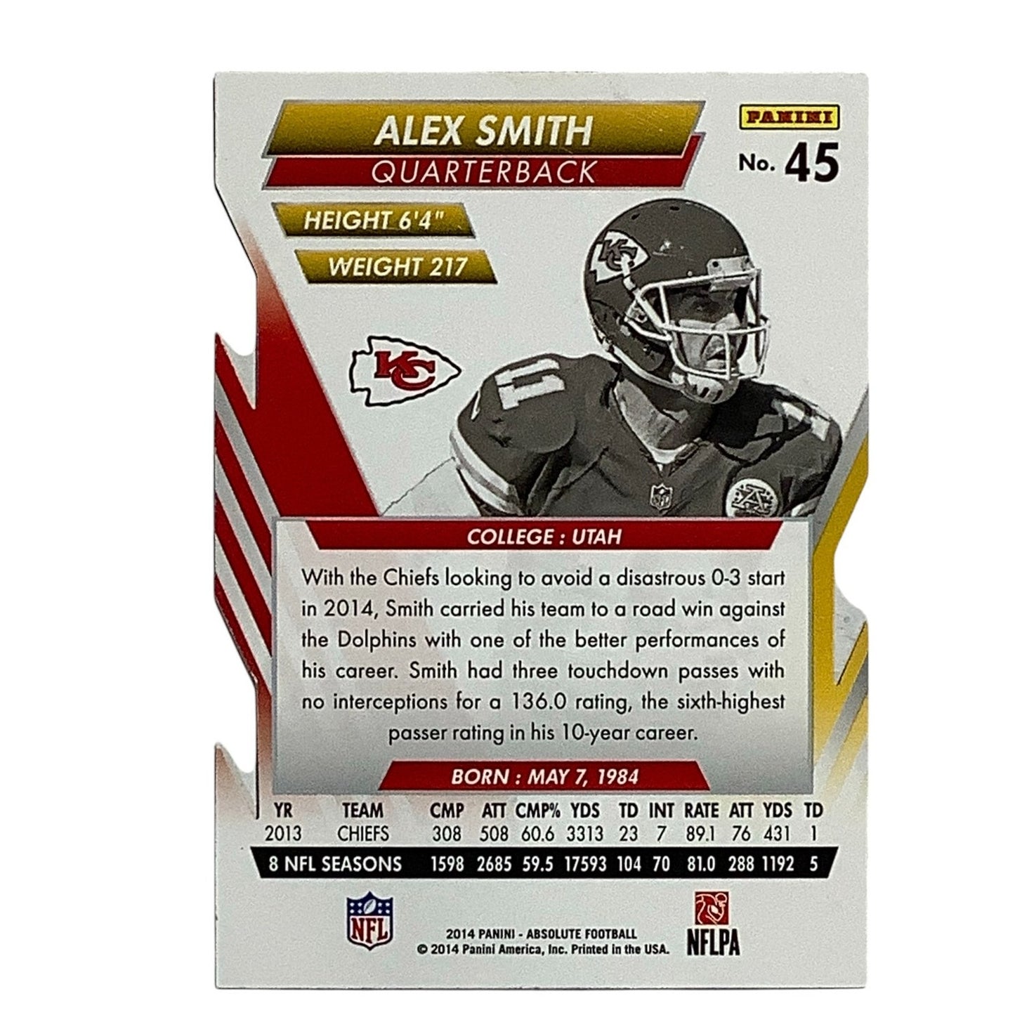 Alex Smith, Kansas City Chiefs, NFL Panini Absolute Football 2014 Card 45, EX/NM