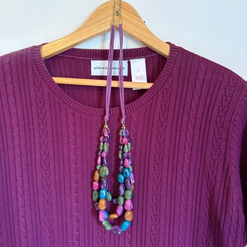 Alfred Dunner 3-Piece Maroon Purple Knit Top Pants Set Necklace Size L