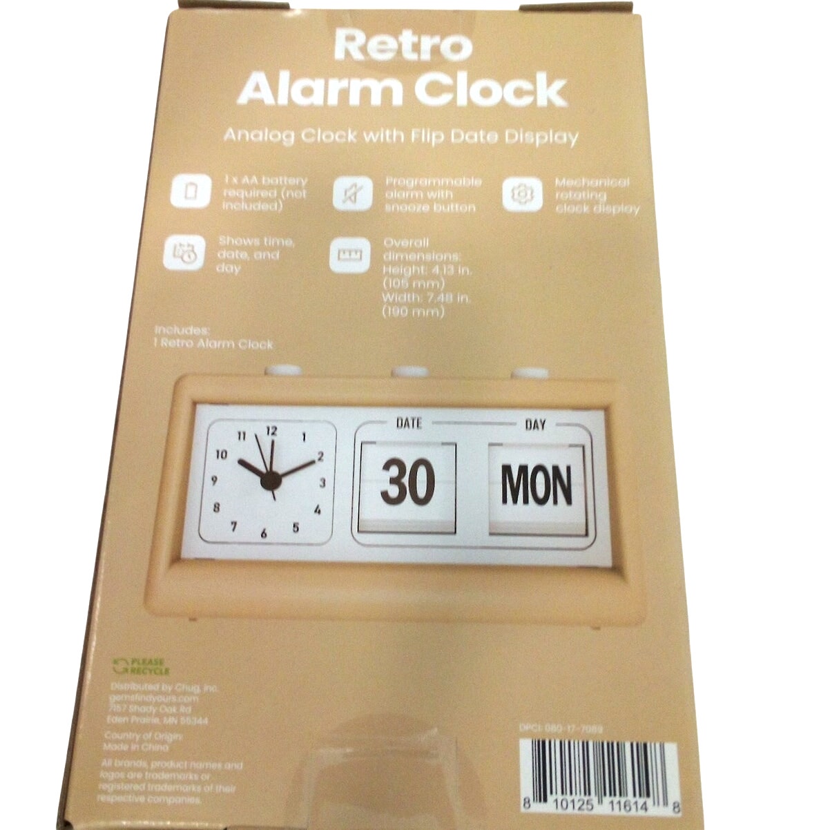 GEMS Retro Analog Alarm Clock – Beige – Flip Date/Day – 7.48 in W × 4.13 in H