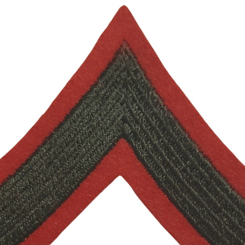 USMC PFC E‑2 Chevron Patch – Gold on Red Dress Blue – 3‑5/8" × 3‑1/4"