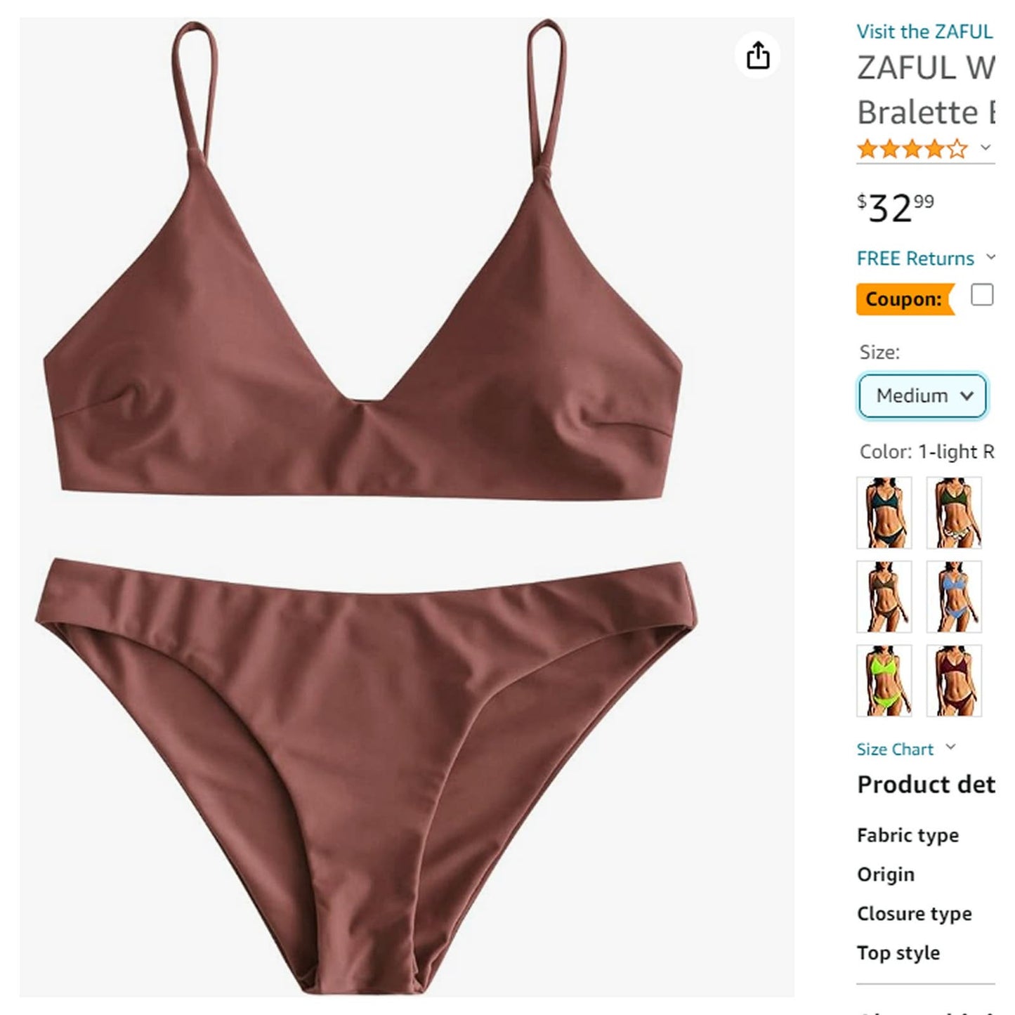 Solid Spaghetti Strap Bralette Bikini Set Two Piece Swimsuit, Light Red, M