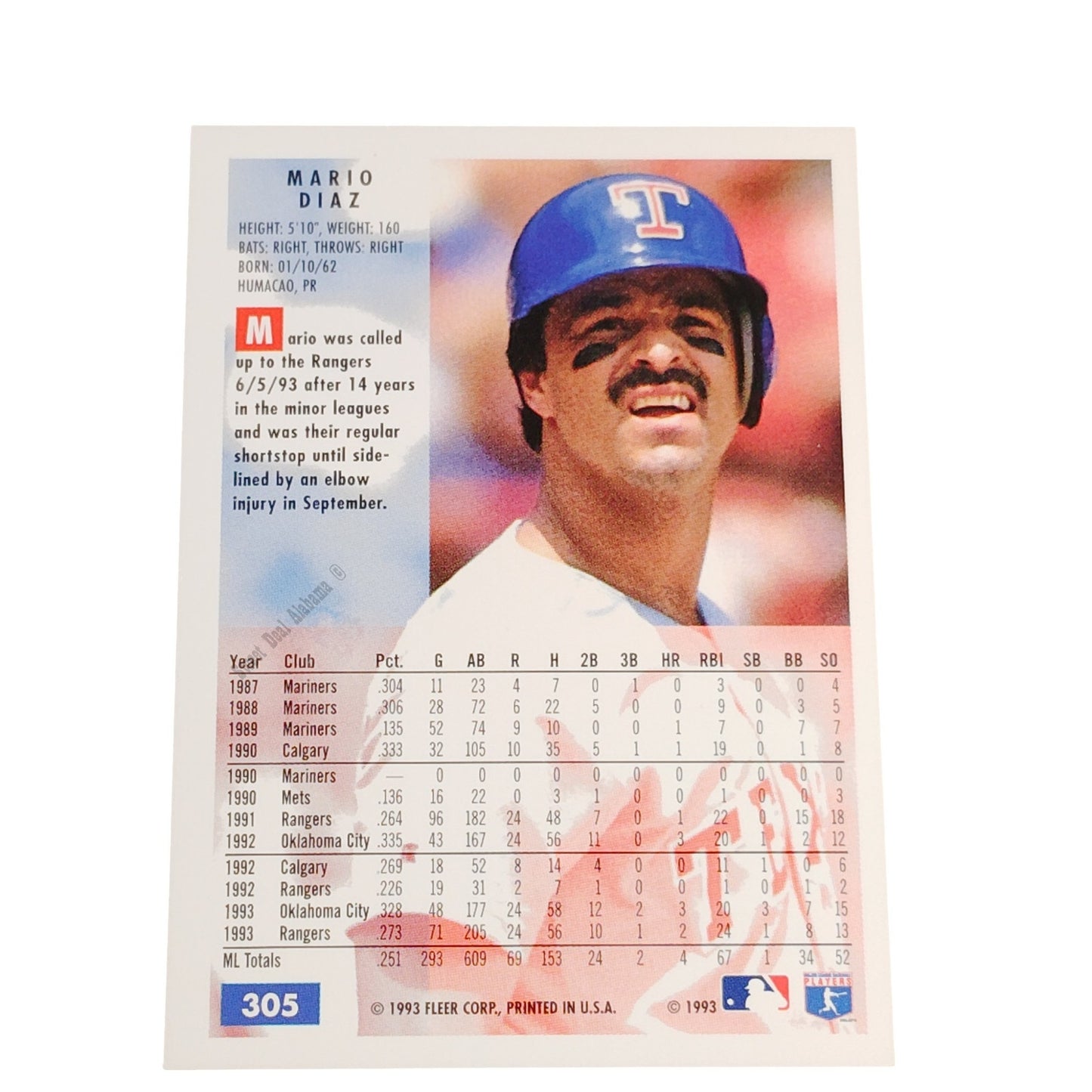 Mario Diaz, Texas Rangers, #305, 1994 Fleer Baseball Collector's Card