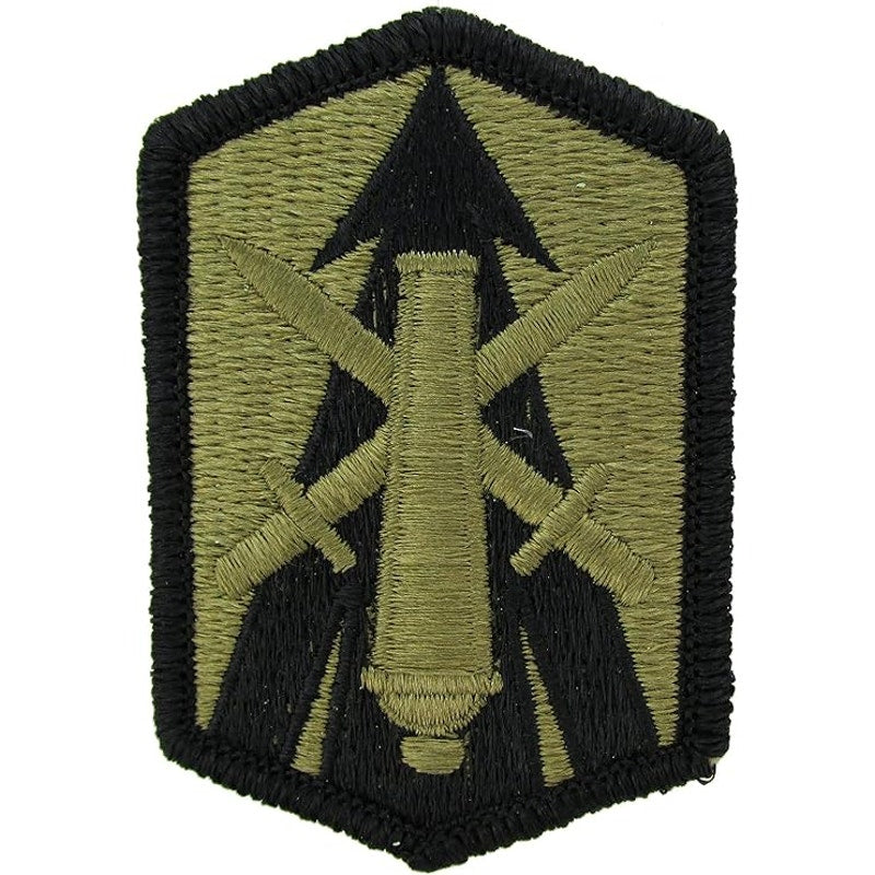 US Army 214th Fires Brigade SSI Patch Black on Bagby Green Sew‑On 3" × 2"