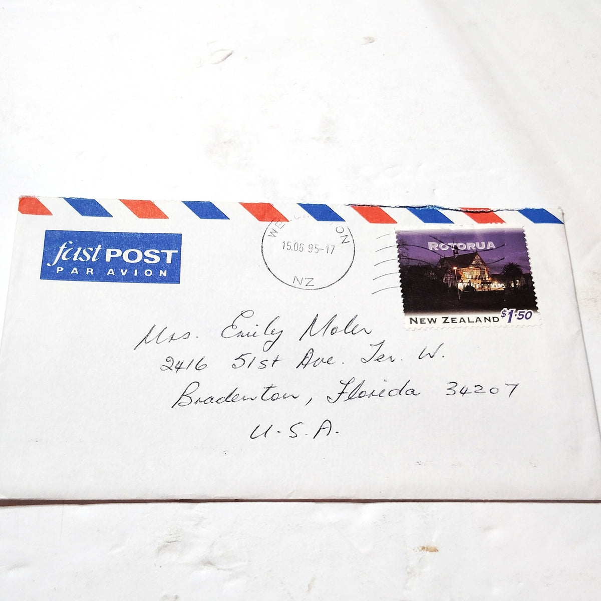 1995 New Zealand Rotorua $1.50 Airmail Cover Florida USA Par Avion Postmark