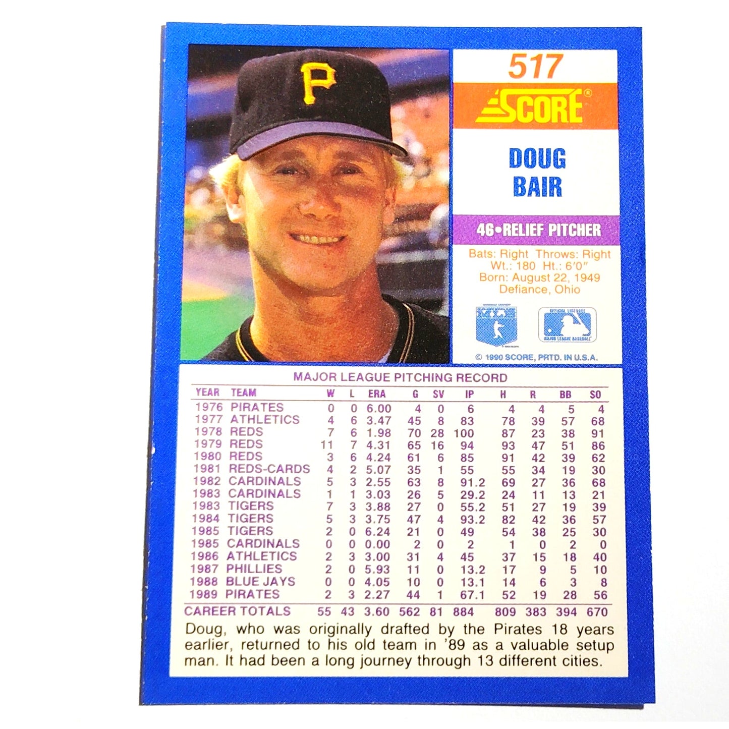 1990 Score Doug Bair #517 Pittsburgh Pirates Relief Pitcher MLB Baseball EX