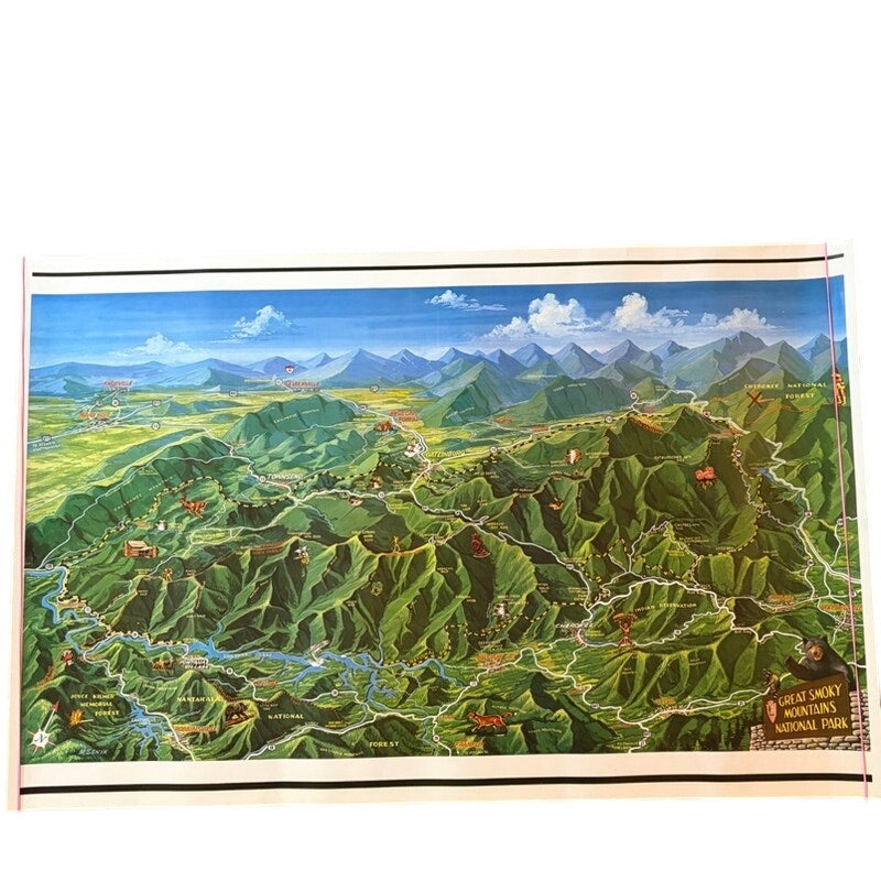 Vintage Great Smoky Mountains Map Poster - Illustrated Park 34" x 22" Wall Art