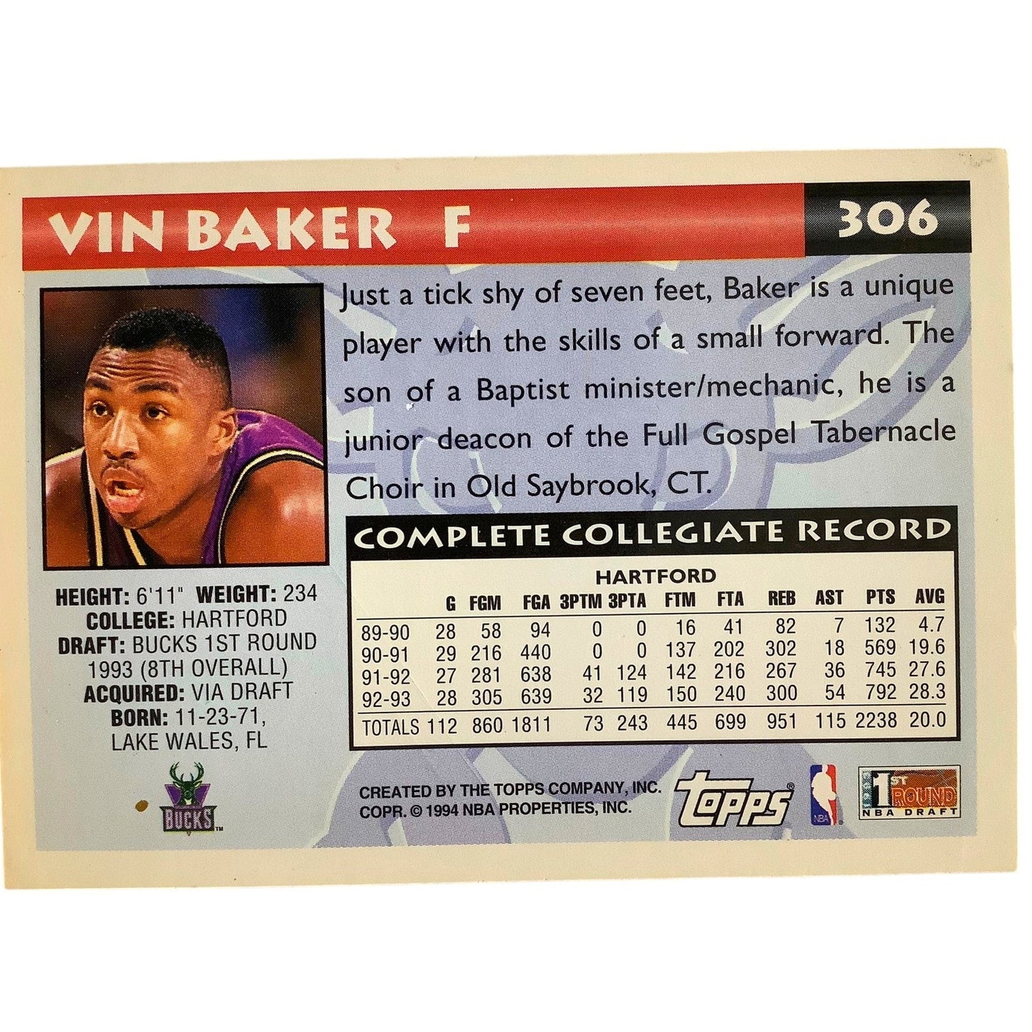 Vin Baker, Bucks, 1994 Topps First Round NBA Draft Card 306, EXC