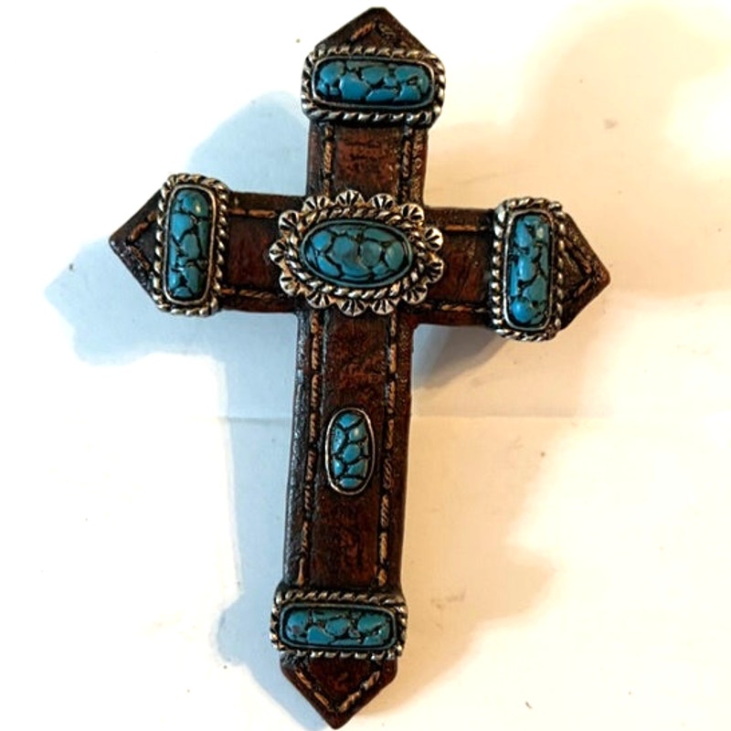 Turquoise Cross Hard Resin Note Holder Magnet Faux Leather & Stones 3.75x2.75