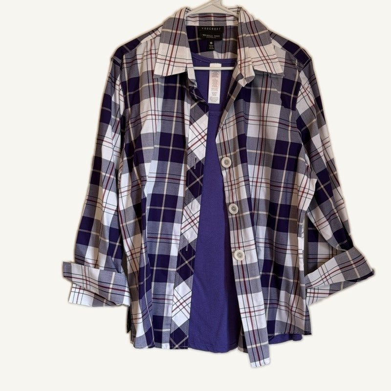 Foxcroft Wrinkle Free Plaid Button-Up Shirt & Purple Tank Top Set XL 16