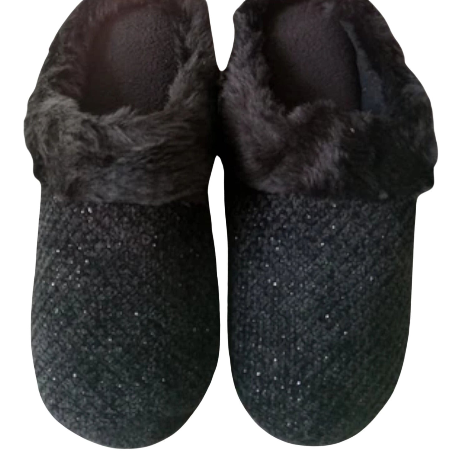 Totes Women’s Large 8‑9 Black Sparkle Faux Fur Memory Foam Slippers