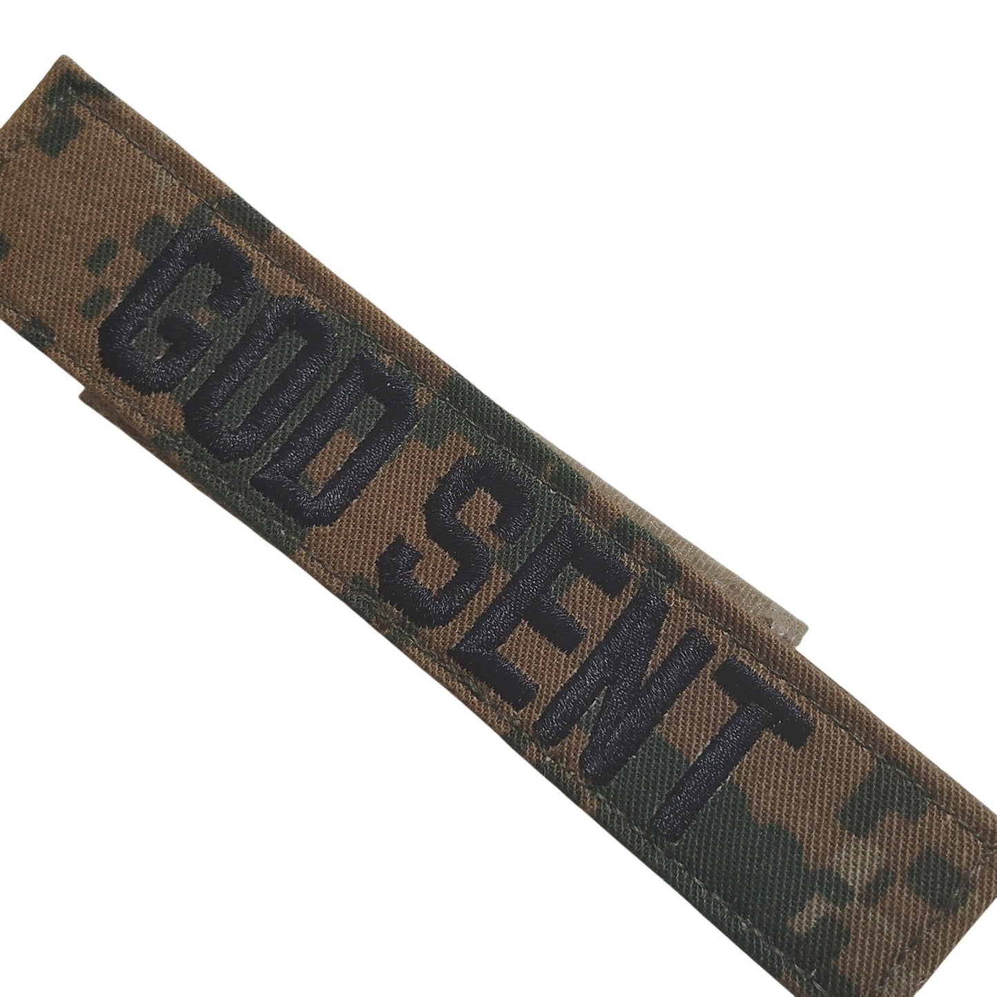 Name Tape “GOD SENT” – Woodland MARPAT – Hook Back – 5" × 1" – Novelty Patch