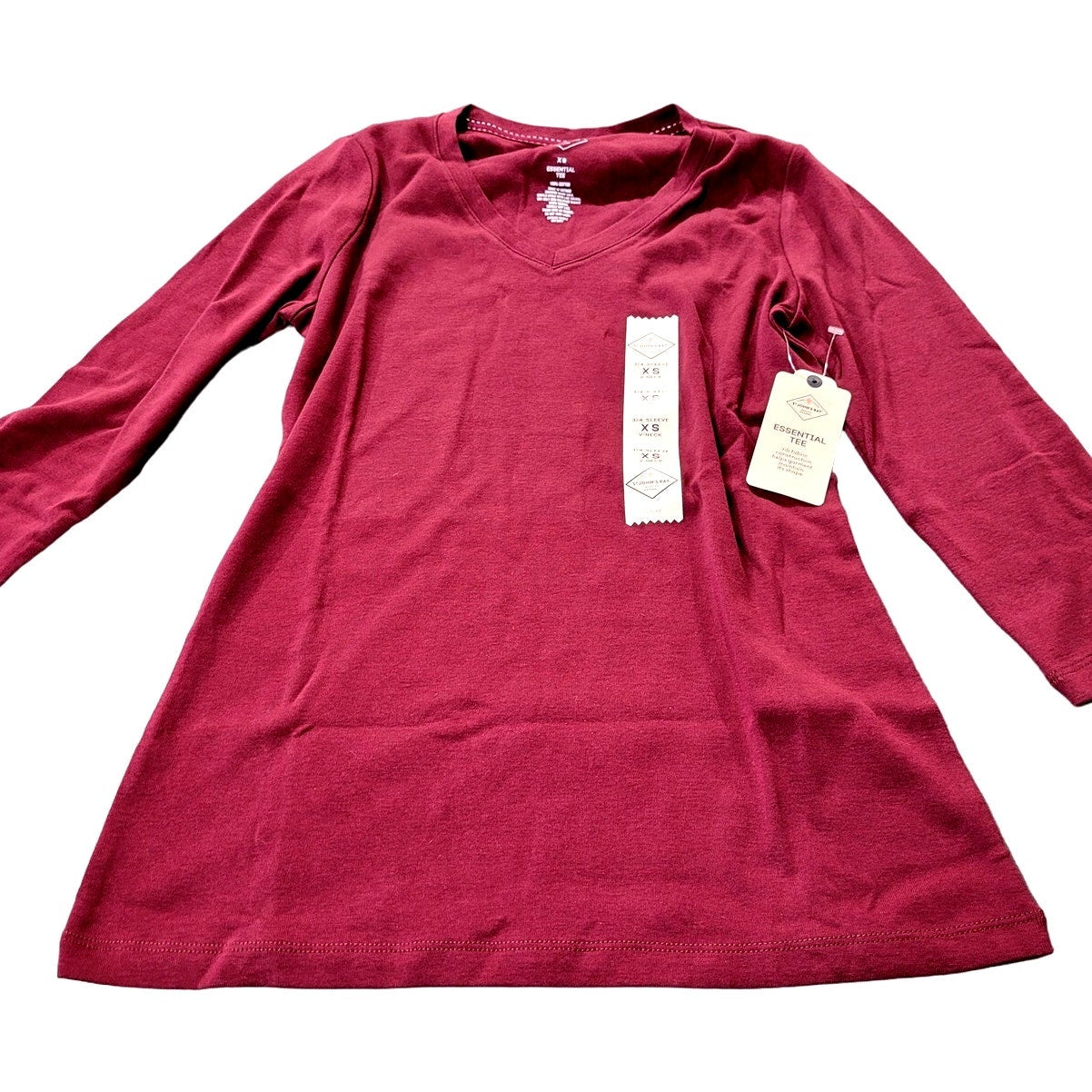 St. John's Bay Womens V Neck 3/4 Sleeve T-Shirt, Deep Ruby, XS (0-2)