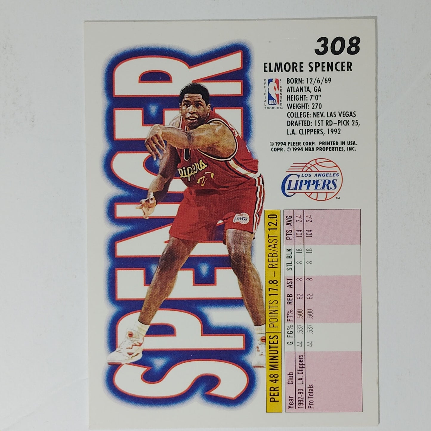 1993–94 Fleer Elmore Spencer #308 – Los Angeles Clippers – Center – NBA Card