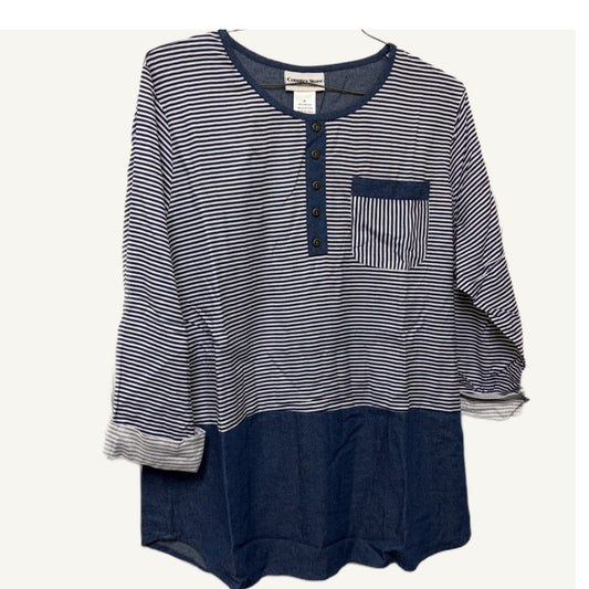 Country Store XL Denim Striped Henley Tunic Top - Blue & White Casual