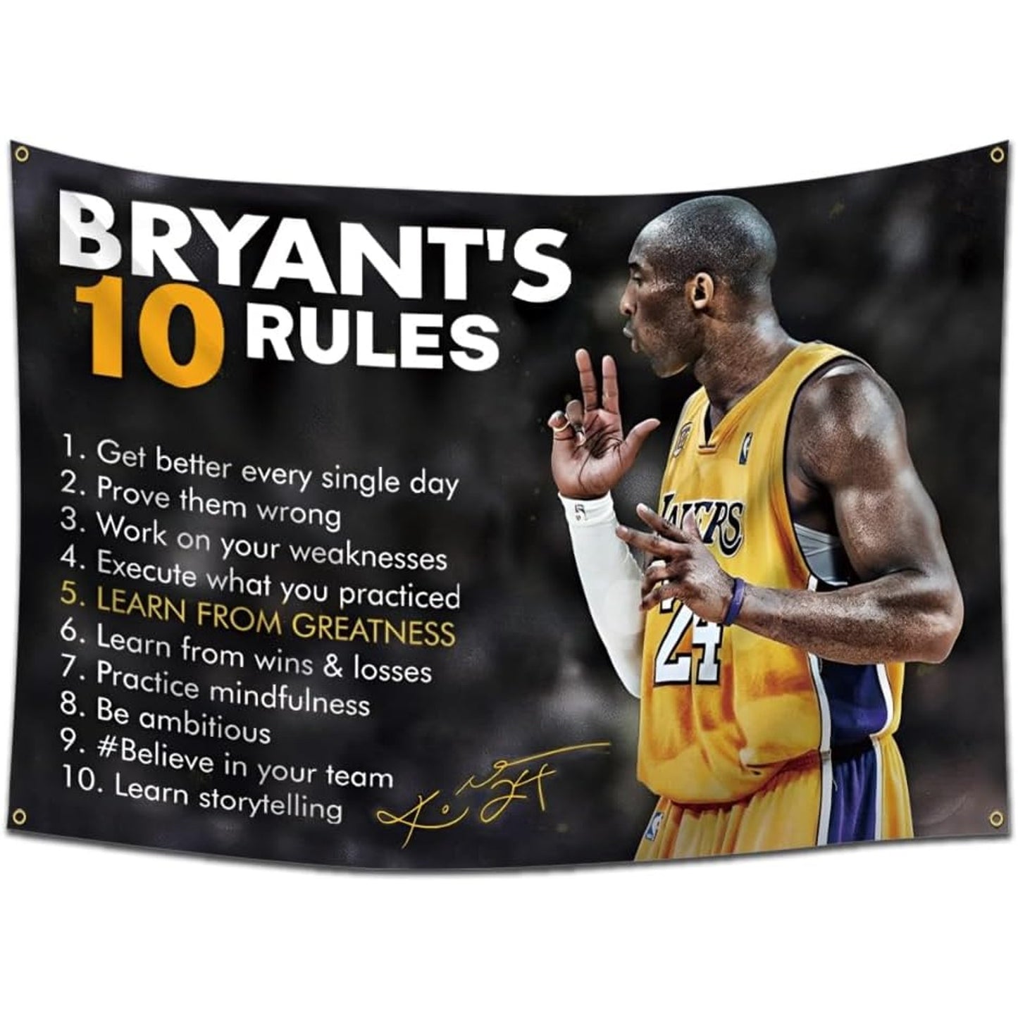 Kobe Bryant 10 Rules – 3x5 Ft Tapestry Flag Banner with Brass Grommets – Motivational Wall Art