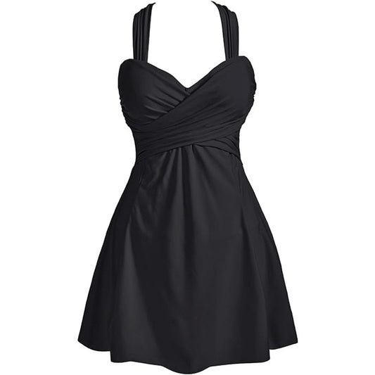 COCOPEAR Crossover One Piece Swim Dress Floral Skirted (FBA), Blk, L (8-10)