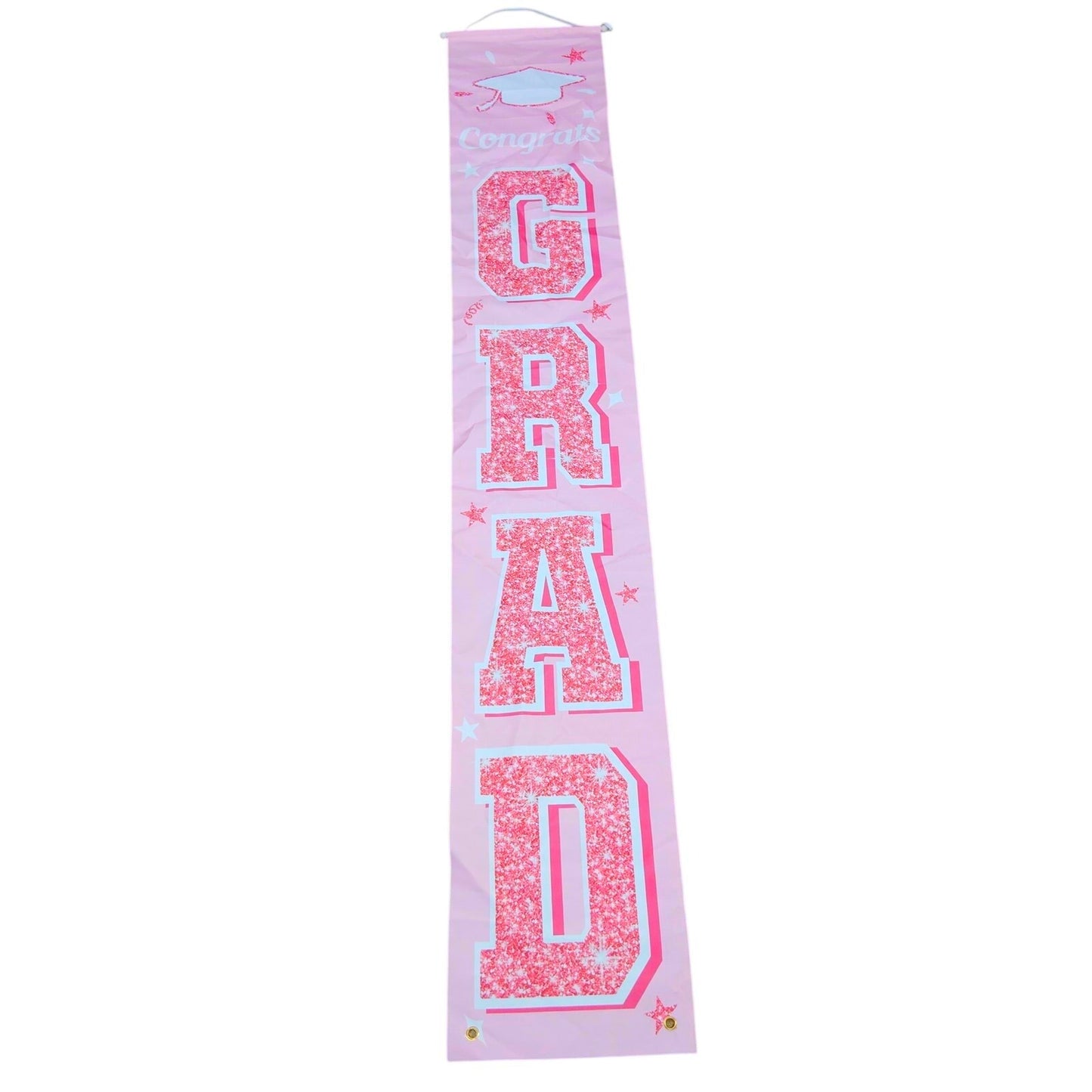Congrats Grad Vertical Banner Pink Rose Gold Hanging Porch Sign 72×12 in