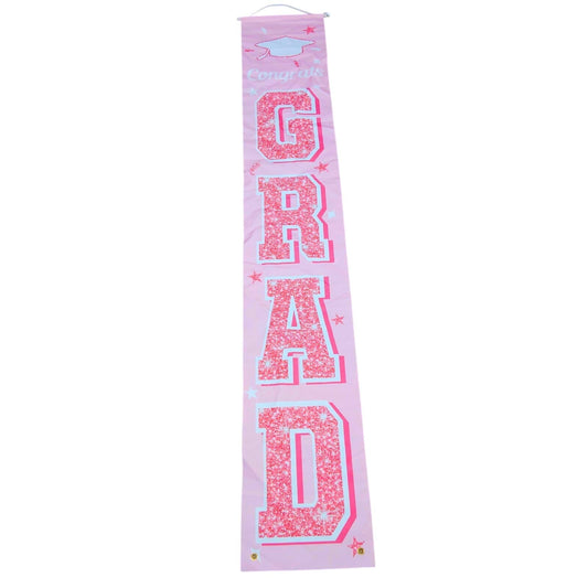 Congrats Grad Vertical Banner Pink Rose Gold Hanging Porch Sign 72×12 in