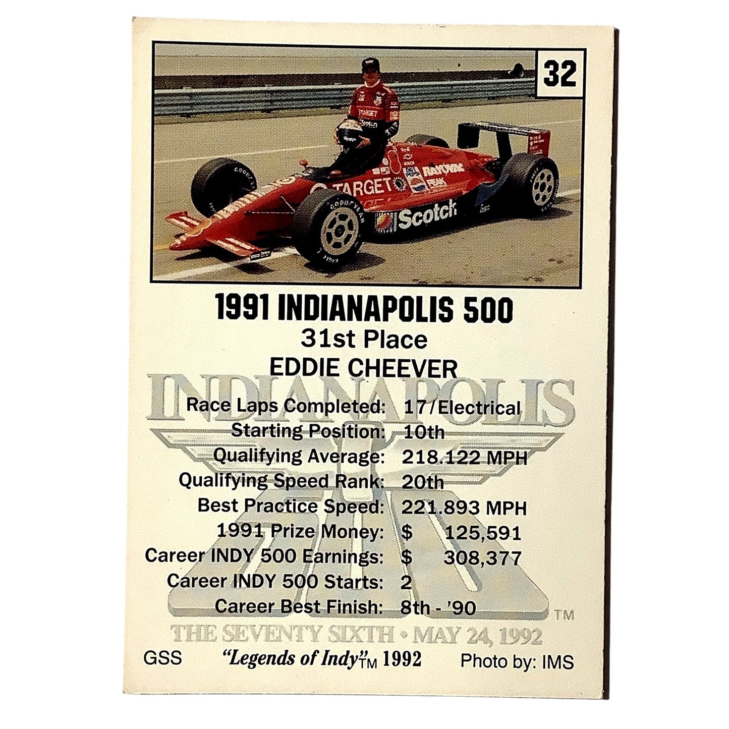 Eddie Cheever 31st Place Indy 500, 1991 Action, 1992 Legends of Indy, Card No.32