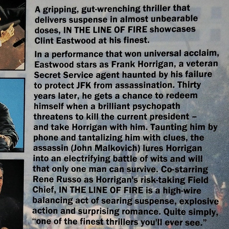 In the Line of Fire VHS 1993 Clint Eastwood John Malkovich Sony Thriller
