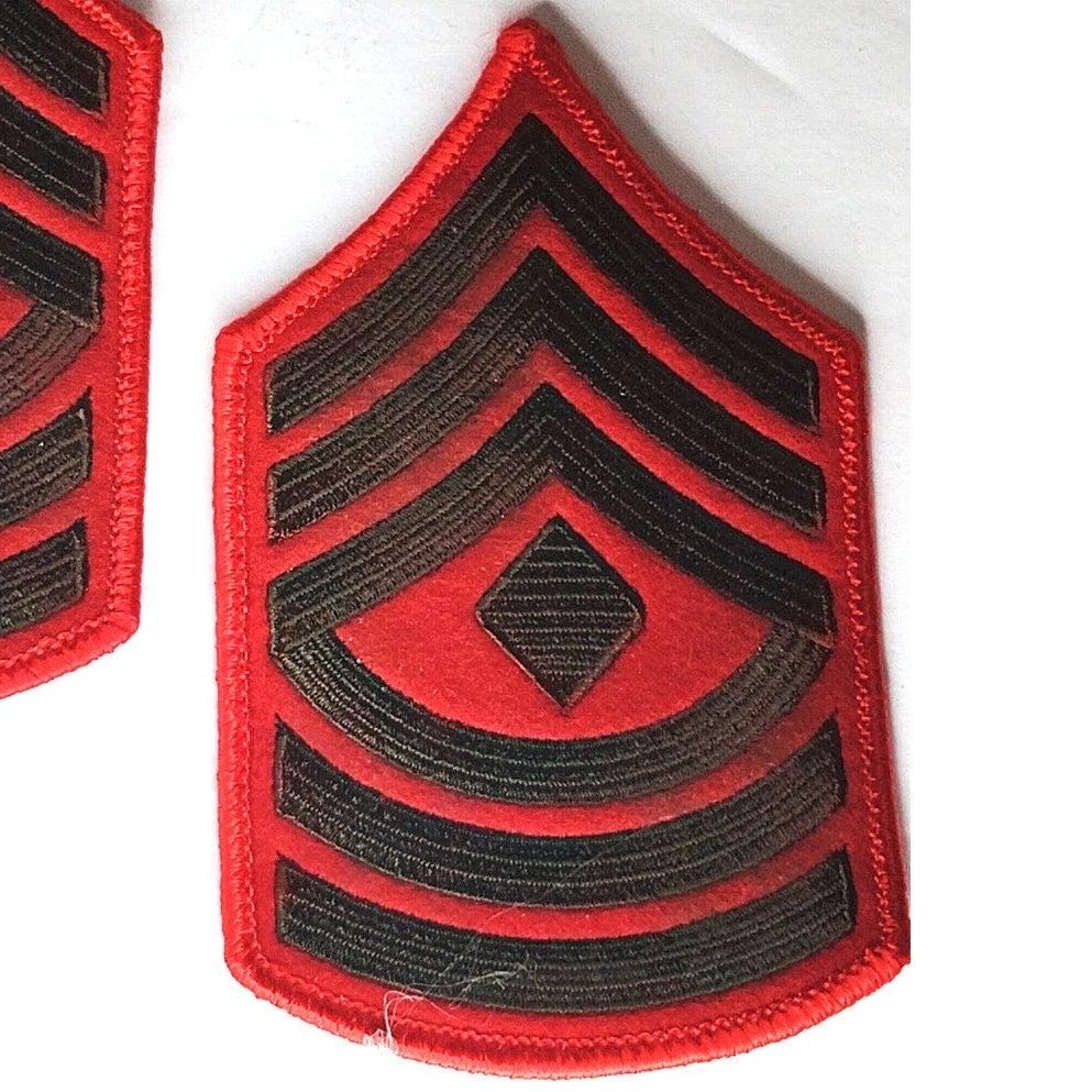USMC First Sergeant E‑8 Chevrons Green on Red Female Size Sew‑On 4‑1/2" × 2‑7/8"
