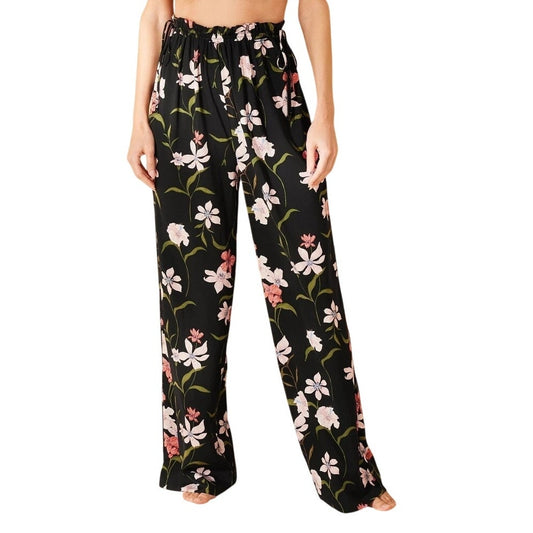 Shade & Shore Floral Ruffle Waist Cover Up Pants Black XS (0-2) Botanical Print