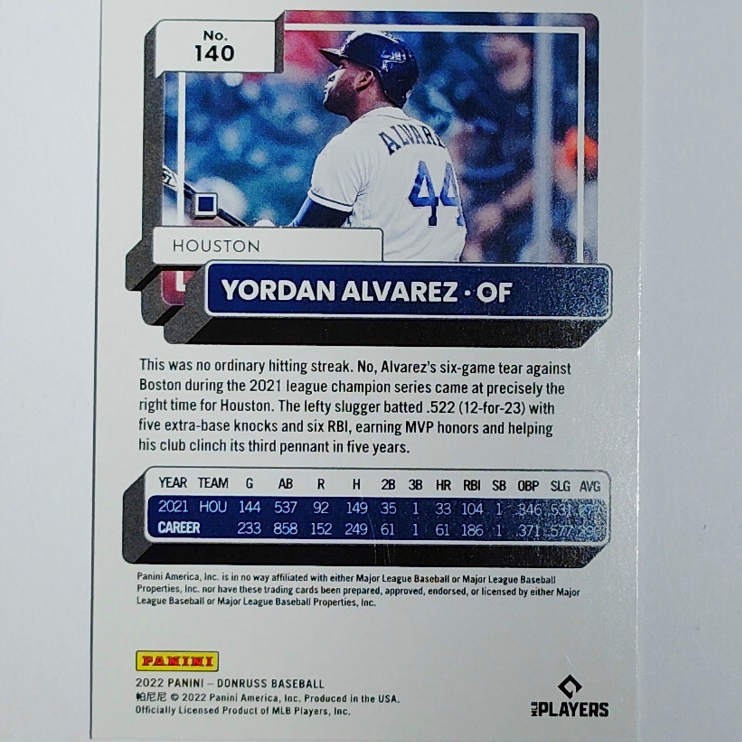 2022 Donruss #140 Yordan Alvarez Houston Astros Left Fielder/DH - VG/EX