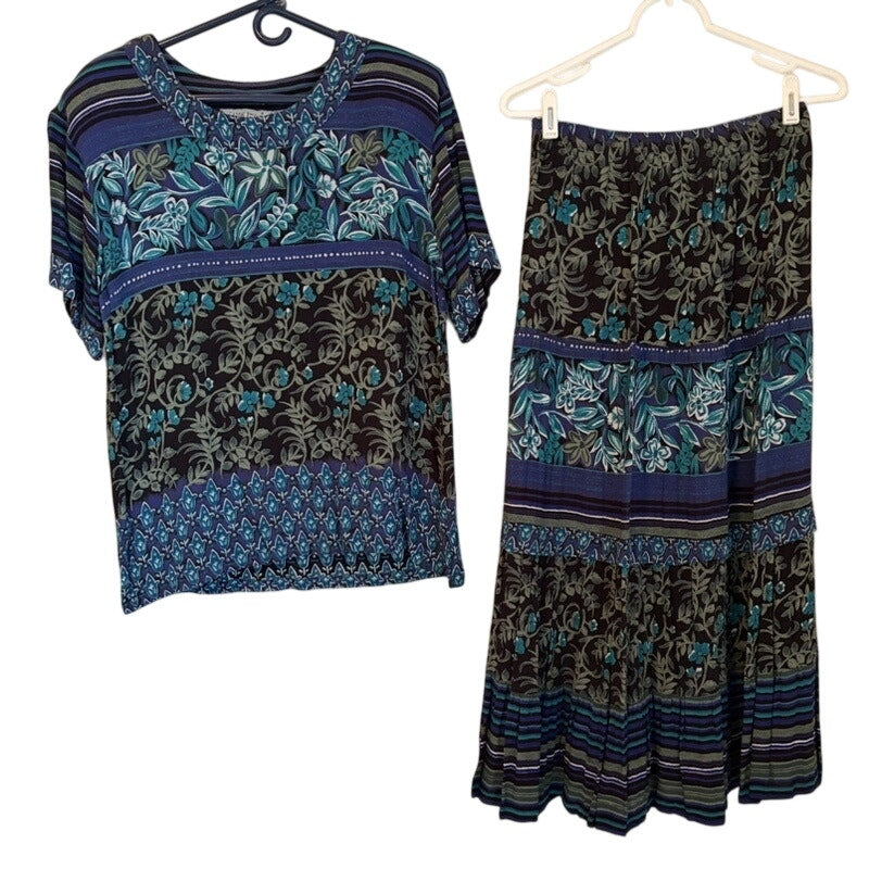 Vintage Casual Studio 2PC Floral Maxi Skirt & Top Set M Blue Boho Rayon Tiered