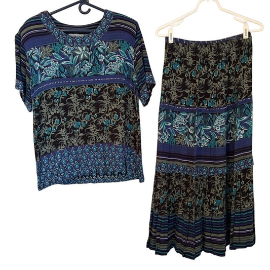 Vintage Casual Studio 2PC Floral Maxi Skirt & Top Set M Blue Boho Rayon Tiered