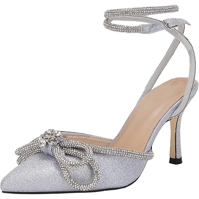 VETASTE Double Bow Crystal Stilettos, Silver, Women’s 9, Pointed Toe Satin Heels