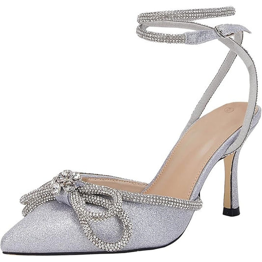 VETASTE Double Bow Crystal Stilettos, Silver, Women’s 9, Pointed Toe Satin Heels