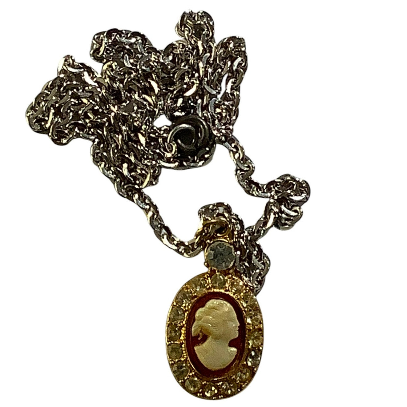 Vintage Red & Gold Cameo Pendant Surrounded in Rhinestones Design