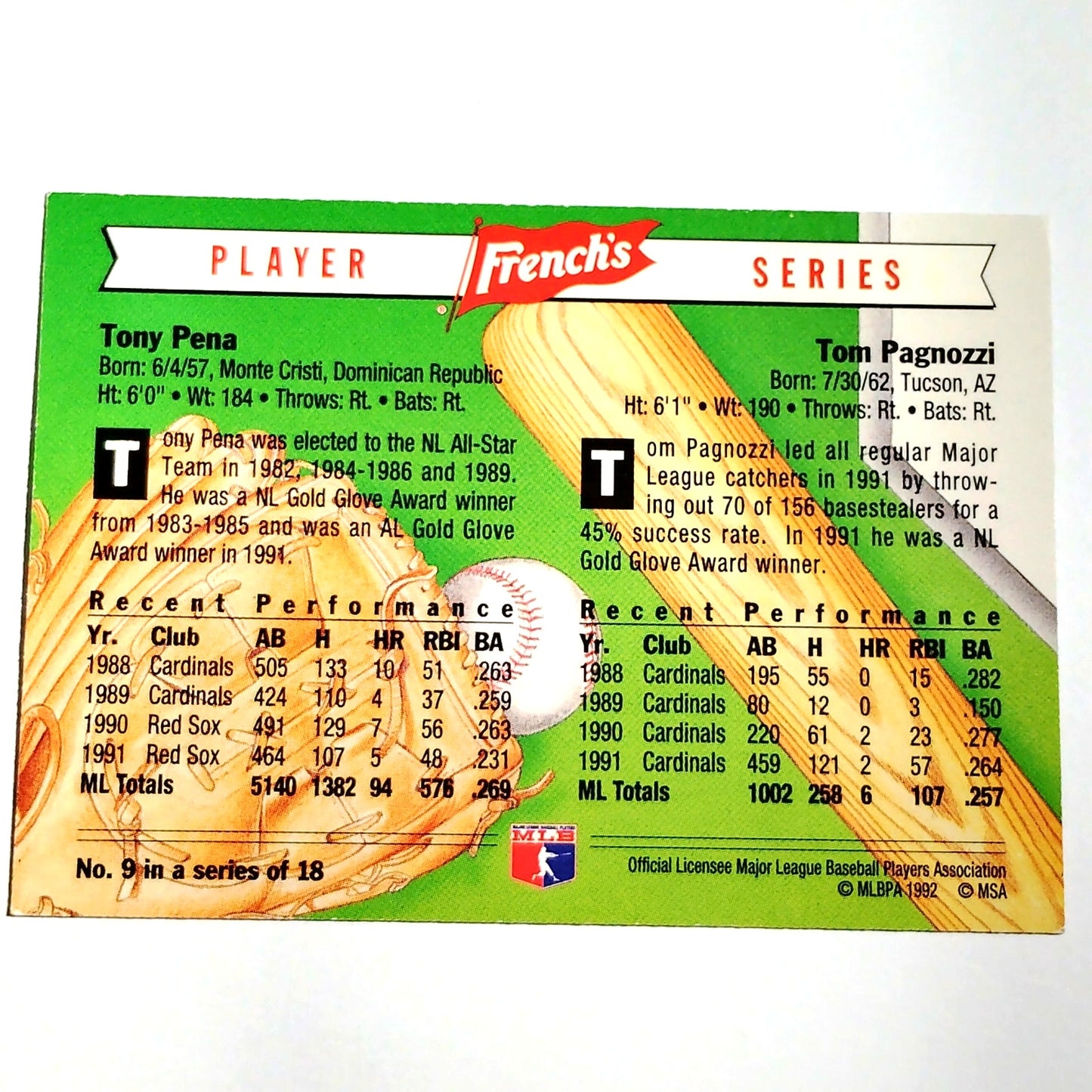 1992 French’s Mustard Tony Peña Tom Pagnozzi #9 MLB Baseball Card NM