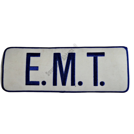 NOS, E.M.T. 11" x 4" Blue Text, White Background, Iron or Sew On Patch