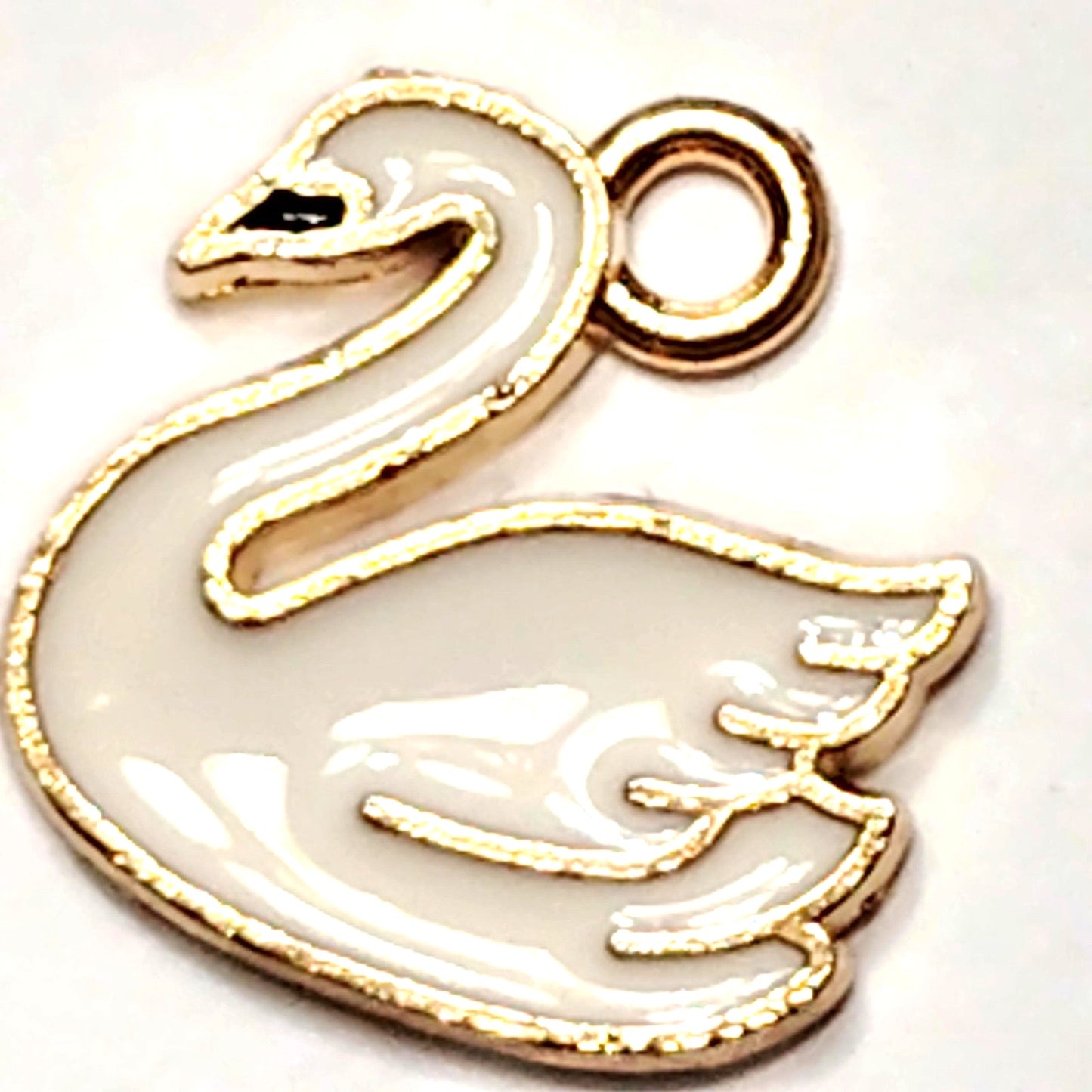 White Enamel Swan Charm Gold‑Tone Pendant 1/2" (14mm) Jewelry Making Accessories