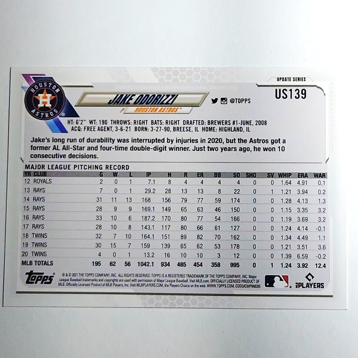 2021 Topps Update Jake Odorizzi Houston Astros Pitcher Card #US139 VG/EX
