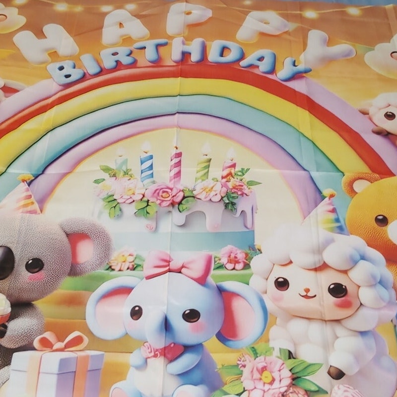 BlissYard Rainbow Birthday Backdrop 73x43 in Cute Animal Party Banner Polyester